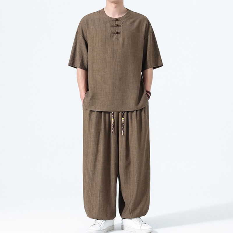 Buddha Stones Ensemble 2 pièces : chemise à manches courtes unie style Tang avec boutons grenouille, pantalon harem, tenue de méditation pour homme avec poches - image 1