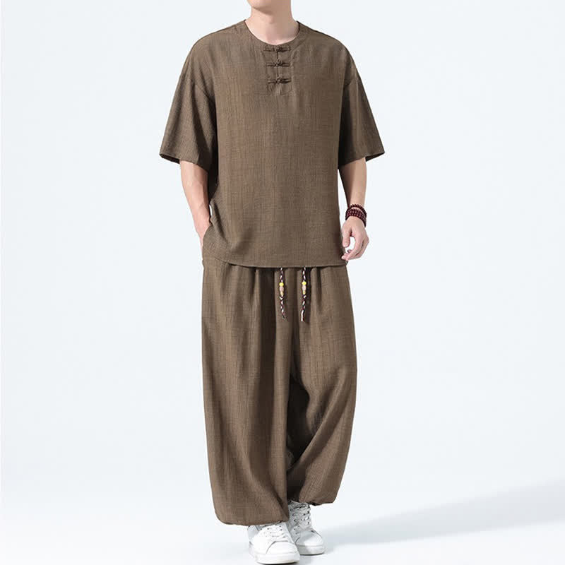 Buddha Stones Ensemble 2 pièces : chemise à manches courtes unie style Tang avec boutons grenouille, pantalon harem, tenue de méditation pour homme avec poches - image 5