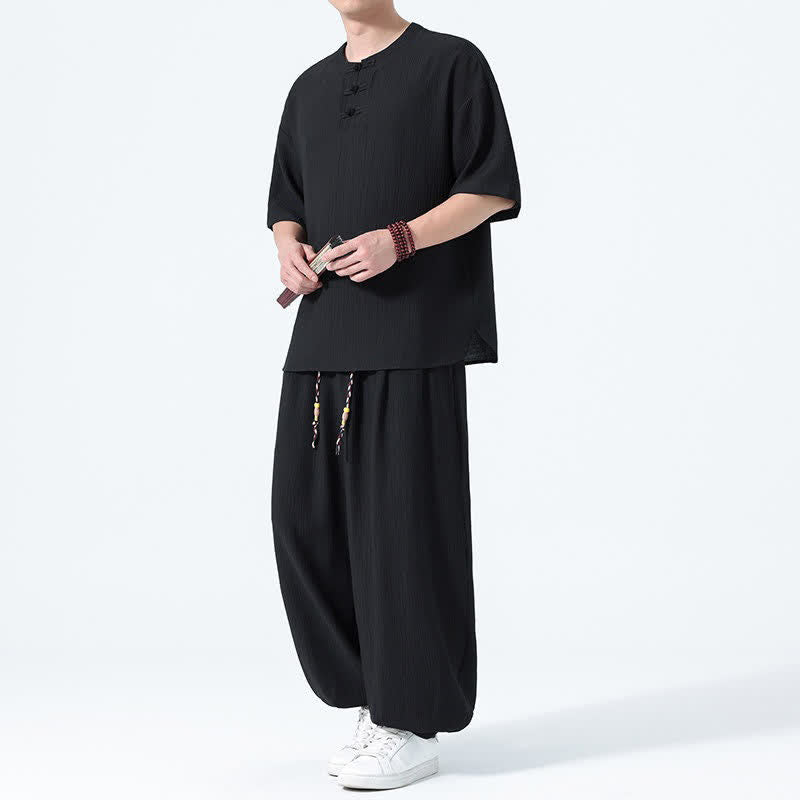 Buddha Stones Ensemble 2 pièces : chemise à manches courtes unie style Tang avec boutons grenouille, pantalon harem, tenue de méditation pour homme avec poches - Noir - US/UK/AU46，EU56 (5XL) - image 6