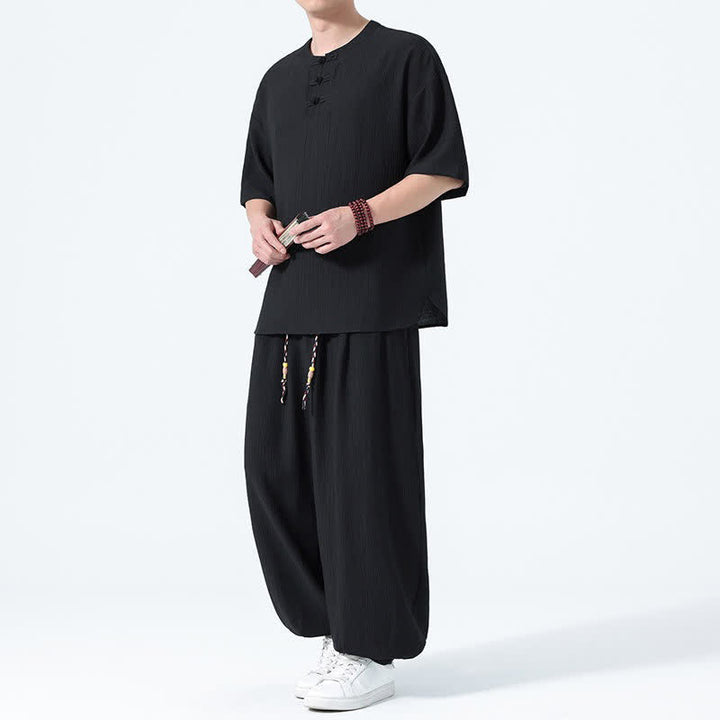 Buddha Stones Ensemble 2 pièces : chemise à manches courtes unie style Tang avec boutons grenouille, pantalon harem, tenue de méditation pour homme avec poches - Noir - US/UK/AU46，EU56 (5XL) - image 6