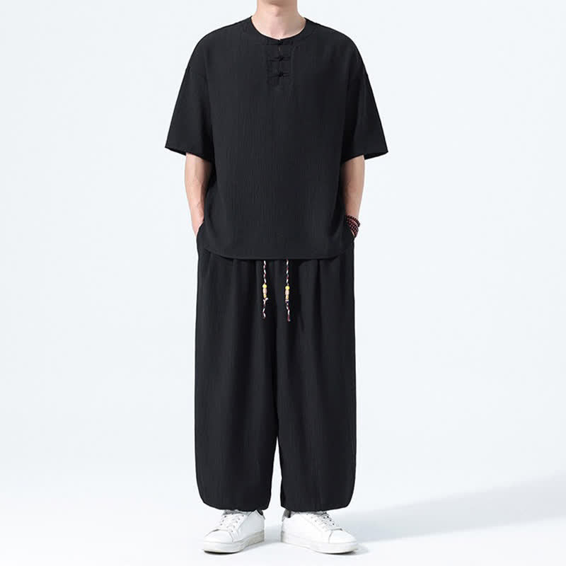 Buddha Stones Ensemble 2 pièces : chemise à manches courtes unie style Tang avec boutons grenouille, pantalon harem, tenue de méditation pour homme avec poches - image 7