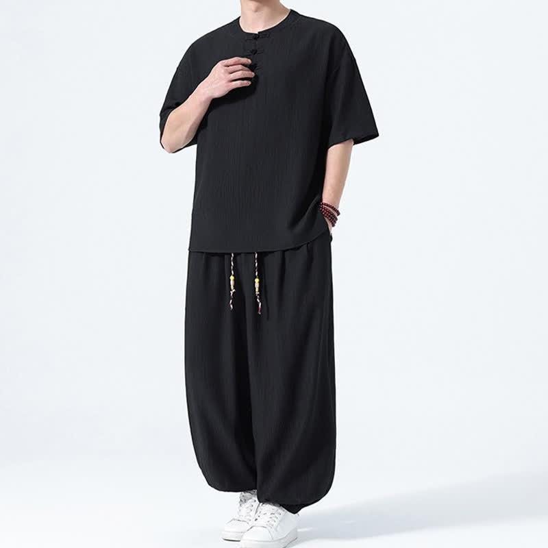 Buddha Stones Ensemble 2 pièces : chemise à manches courtes unie style Tang avec boutons grenouille, pantalon harem, tenue de méditation pour homme avec poches - image 11