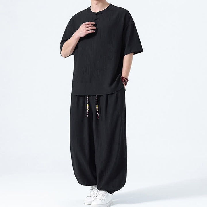 Buddha Stones Ensemble 2 pièces : chemise à manches courtes unie style Tang avec boutons grenouille, pantalon harem, tenue de méditation pour homme avec poches - image 11