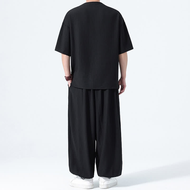 Buddha Stones Ensemble 2 pièces : chemise à manches courtes unie style Tang avec boutons grenouille, pantalon harem, tenue de méditation pour homme avec poches - image 9