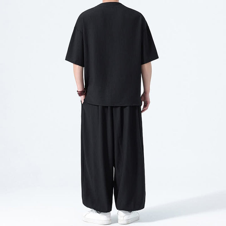 Buddha Stones Ensemble 2 pièces : chemise à manches courtes unie style Tang avec boutons grenouille, pantalon harem, tenue de méditation pour homme avec poches - image 9