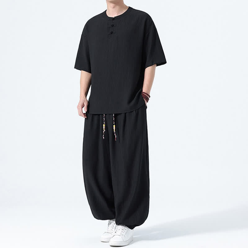 Buddha Stones Ensemble 2 pièces : chemise à manches courtes unie style Tang avec boutons grenouille, pantalon harem, tenue de méditation pour homme avec poches - image 10