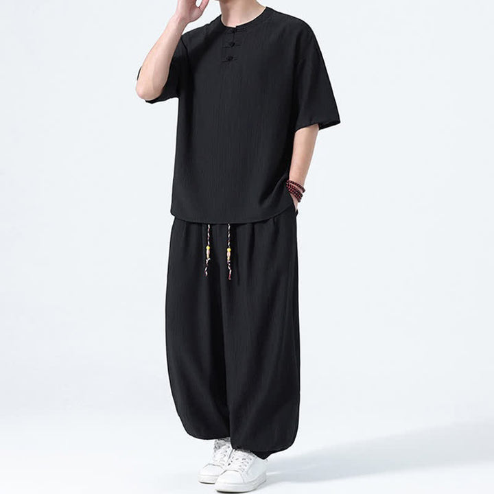 Buddha Stones Ensemble 2 pièces : chemise à manches courtes unie style Tang avec boutons grenouille, pantalon harem, tenue de méditation pour homme avec poches - image 8