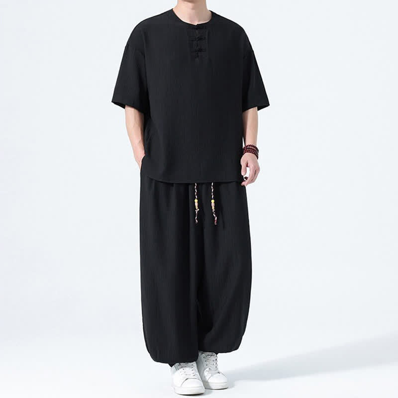 Buddha Stones Ensemble 2 pièces : chemise à manches courtes unie style Tang avec boutons grenouille, pantalon harem, tenue de méditation pour homme avec poches - image 12