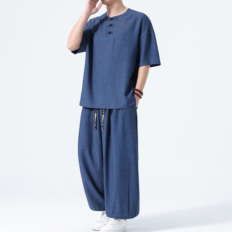 Buddha Stones Ensemble 2 pièces : chemise à manches courtes unie style Tang avec boutons grenouille, pantalon harem, tenue de méditation pour homme avec poches - image 15