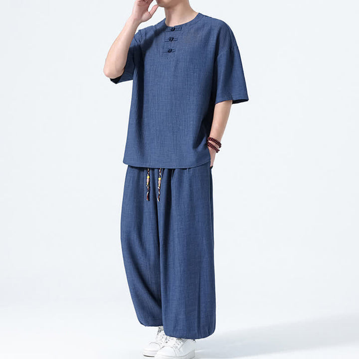Buddha Stones Ensemble 2 pièces : chemise à manches courtes unie style Tang avec boutons grenouille, pantalon harem, tenue de méditation pour homme avec poches - image 15