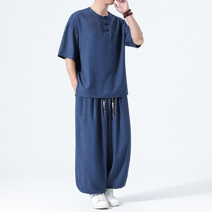 Buddha Stones Ensemble 2 pièces : chemise à manches courtes unie style Tang avec boutons grenouille, pantalon harem, tenue de méditation pour homme avec poches - image 19