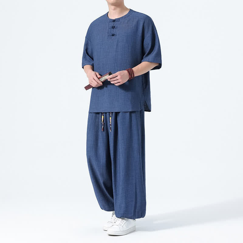 Buddha Stones Ensemble 2 pièces : chemise à manches courtes unie style Tang avec boutons grenouille, pantalon harem, tenue de méditation pour homme avec poches - Marine - US/UK/AU46，EU56 (5XL) - image 13