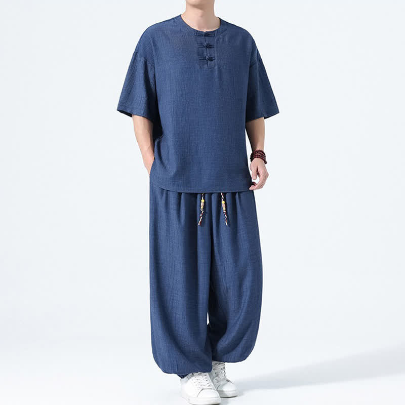 Buddha Stones Ensemble 2 pièces : chemise à manches courtes unie style Tang avec boutons grenouille, pantalon harem, tenue de méditation pour homme avec poches - image 14
