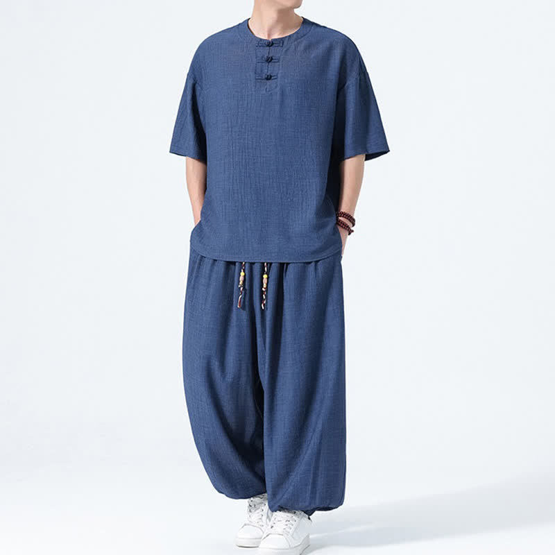 Buddha Stones Ensemble 2 pièces : chemise à manches courtes unie style Tang avec boutons grenouille, pantalon harem, tenue de méditation pour homme avec poches - image 18