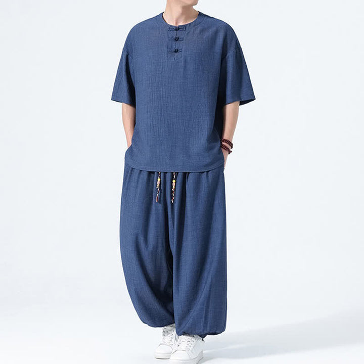 Buddha Stones Ensemble 2 pièces : chemise à manches courtes unie style Tang avec boutons grenouille, pantalon harem, tenue de méditation pour homme avec poches - image 18