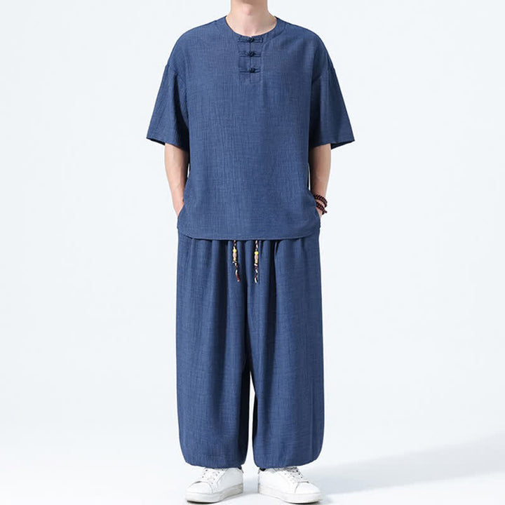 Buddha Stones Ensemble 2 pièces : chemise à manches courtes unie style Tang avec boutons grenouille, pantalon harem, tenue de méditation pour homme avec poches - image 17