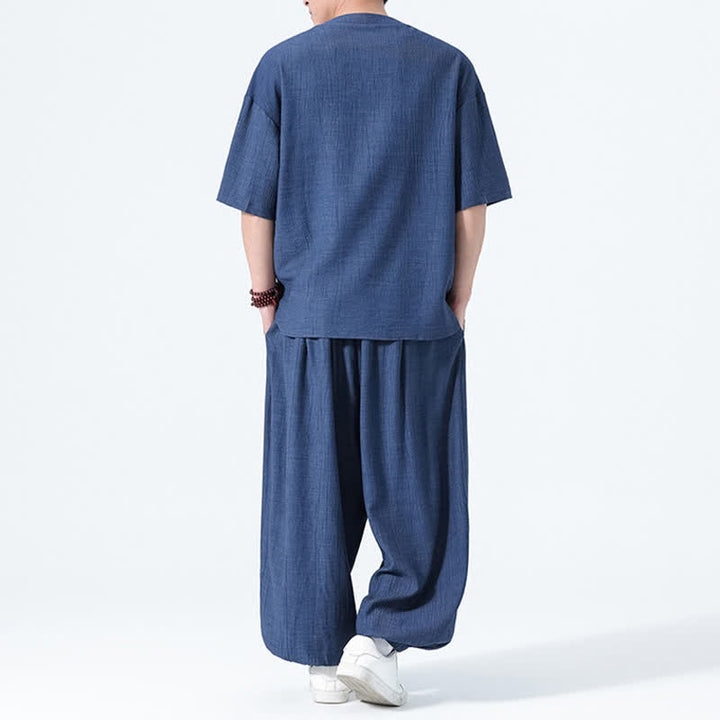Buddha Stones Ensemble 2 pièces : chemise à manches courtes unie style Tang avec boutons grenouille, pantalon harem, tenue de méditation pour homme avec poches - image 16