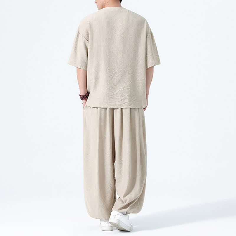 Buddha Stones Ensemble 2 pièces : chemise à manches courtes unie style Tang avec boutons grenouille, pantalon harem, tenue de méditation pour homme avec poches - image 23