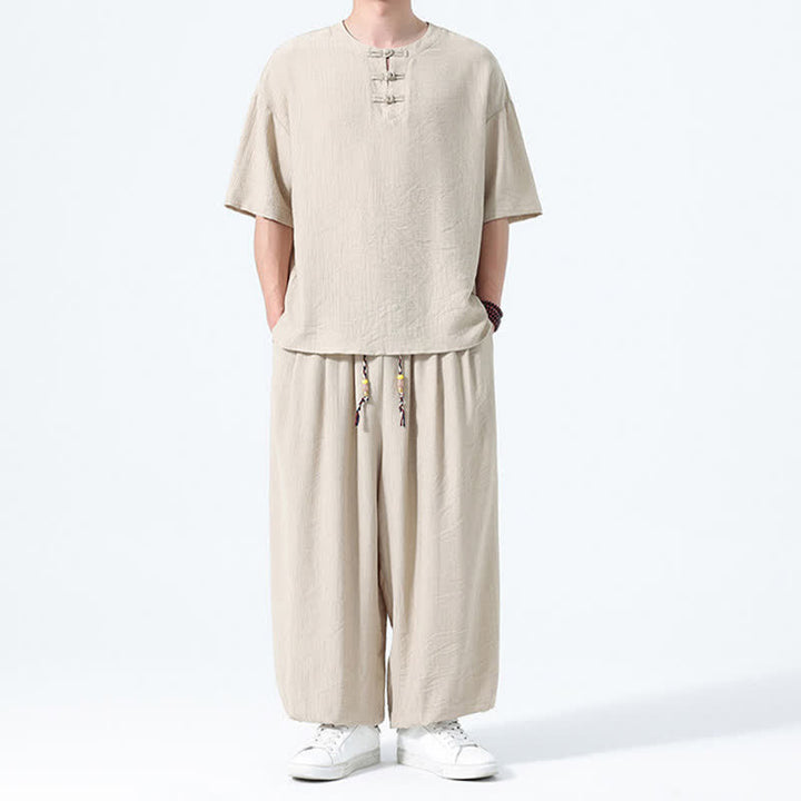 Buddha Stones Ensemble 2 pièces : chemise à manches courtes unie style Tang avec boutons grenouille, pantalon harem, tenue de méditation pour homme avec poches - image 25
