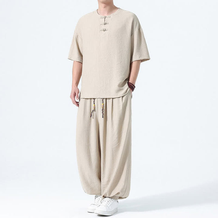 Buddha Stones Ensemble 2 pièces : chemise à manches courtes unie style Tang avec boutons grenouille, pantalon harem, tenue de méditation pour homme avec poches - image 24
