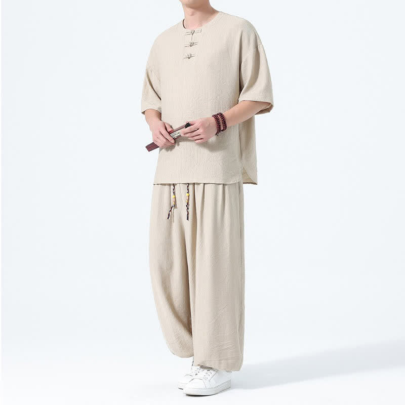 Buddha Stones Ensemble 2 pièces : chemise à manches courtes unie style Tang avec boutons grenouille, pantalon harem, tenue de méditation pour homme avec poches - Blé - US/UK/AU46，EU56 (5XL) - image 20