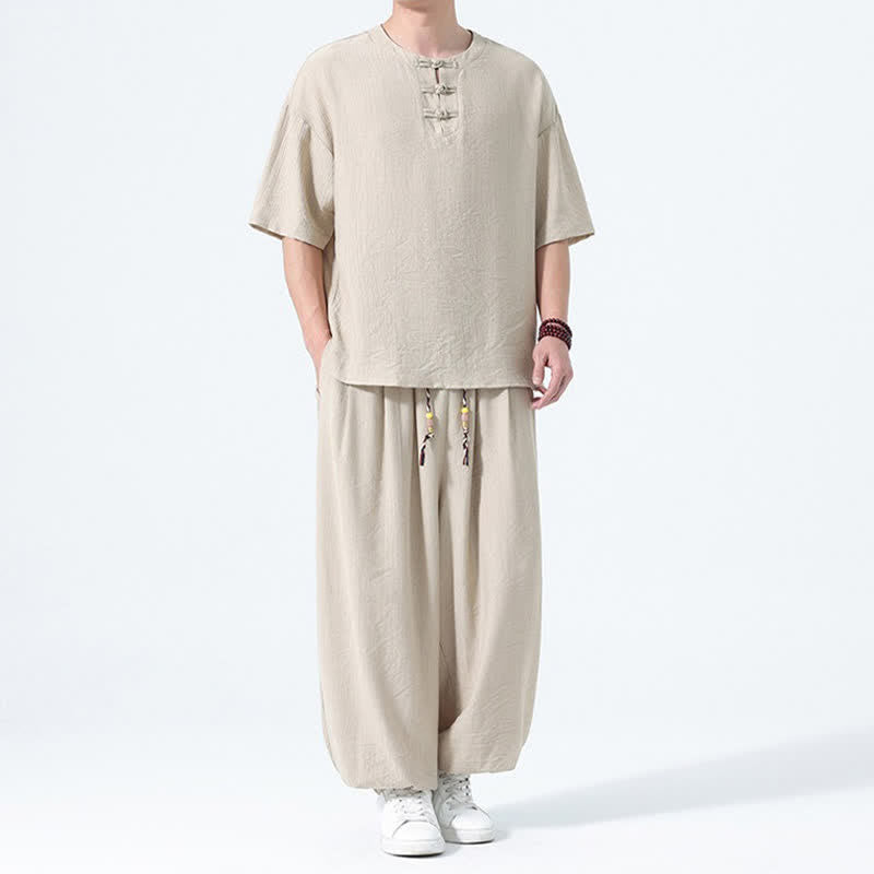Buddha Stones Ensemble 2 pièces : chemise à manches courtes unie style Tang avec boutons grenouille, pantalon harem, tenue de méditation pour homme avec poches - image 21