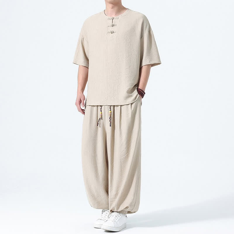 Buddha Stones Ensemble 2 pièces : chemise à manches courtes unie style Tang avec boutons grenouille, pantalon harem, tenue de méditation pour homme avec poches - image 24