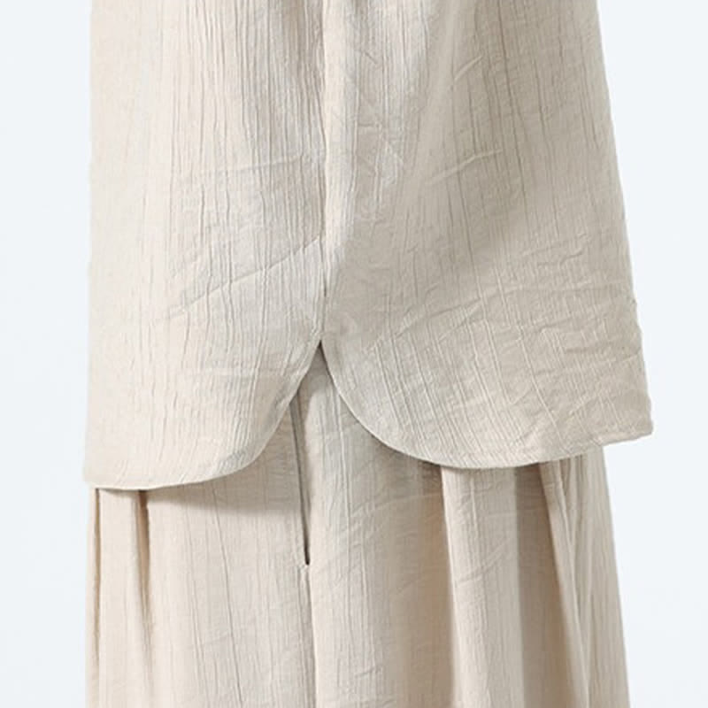 Buddha Stones Ensemble 2 pièces : chemise à manches courtes unie style Tang avec boutons grenouille, pantalon harem, tenue de méditation pour homme avec poches - image 28