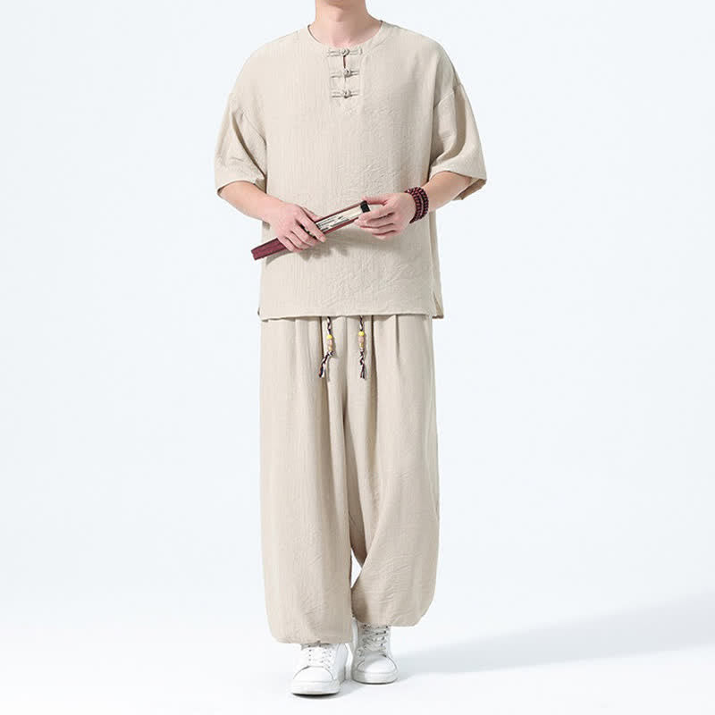 Buddha Stones Ensemble 2 pièces : chemise à manches courtes unie style Tang avec boutons grenouille, pantalon harem, tenue de méditation pour homme avec poches - image 26