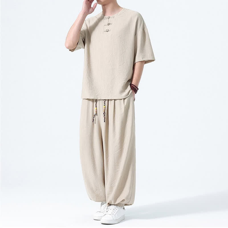 Buddha Stones Ensemble 2 pièces : chemise à manches courtes unie style Tang avec boutons grenouille, pantalon harem, tenue de méditation pour homme avec poches - image 22