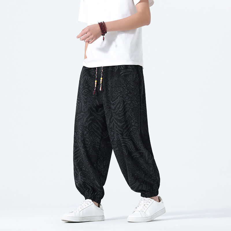 Buddha Stones Pantalon sarouel homme printemps-été bohème décontracté à cordon de serrage et imprimé léopard, avec poches - Noir - US/UK/AU46，EU56 (5XL) - image 8