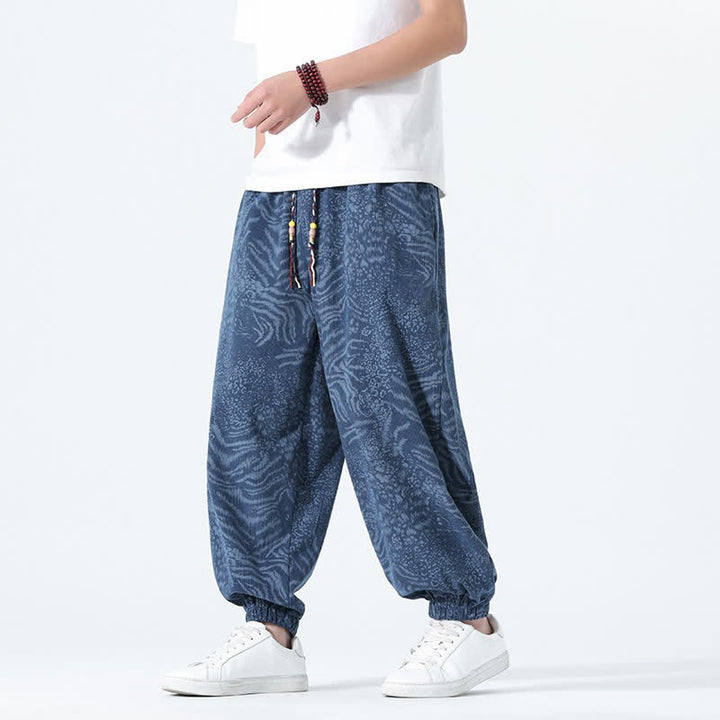 Buddha Stones Pantalon sarouel homme printemps-été bohème décontracté à cordon de serrage et imprimé léopard, avec poches - SteelBlue - US/UK/AU46，EU56 (5XL) - image 0