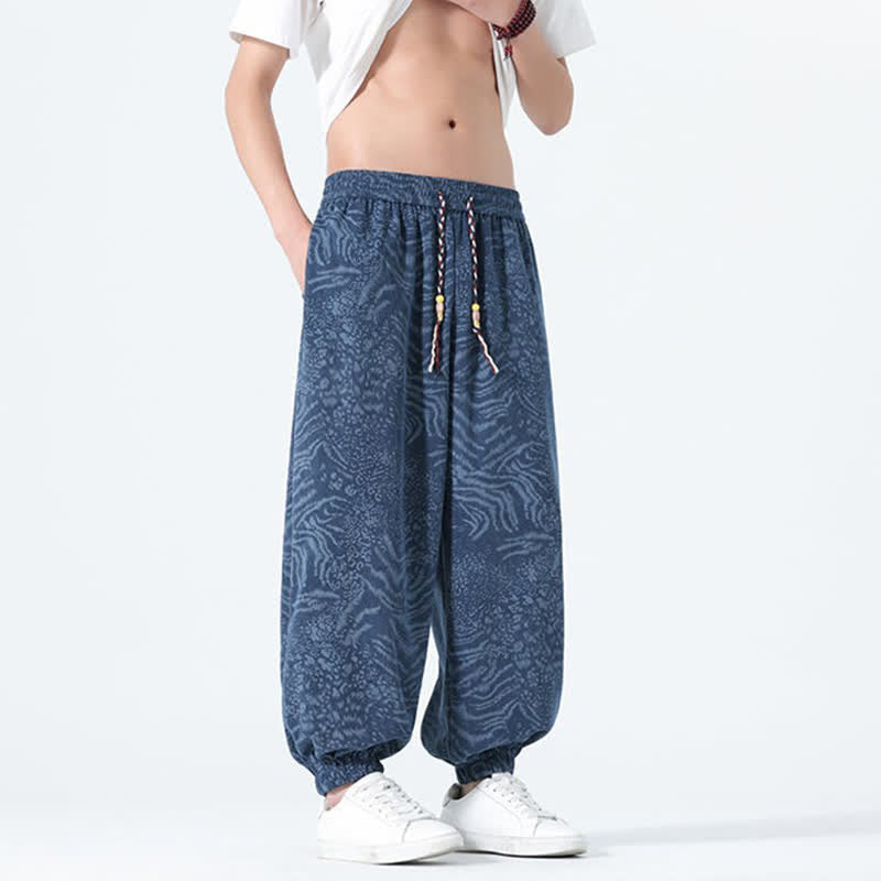 Buddha Stones Pantalon sarouel homme printemps-été bohème décontracté à cordon de serrage et imprimé léopard, avec poches - image 6