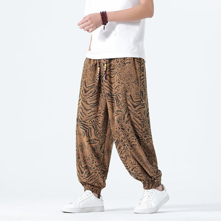 Buddha Stones Pantalon sarouel homme printemps-été bohème décontracté à cordon de serrage et imprimé léopard, avec poches - Tanné - US/UK/AU46，EU56 (5XL) - image 16