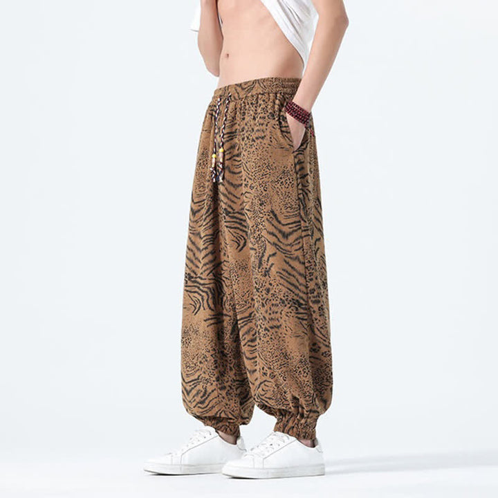 Buddha Stones Pantalon sarouel homme printemps-été bohème décontracté à cordon de serrage et imprimé léopard, avec poches - image 23