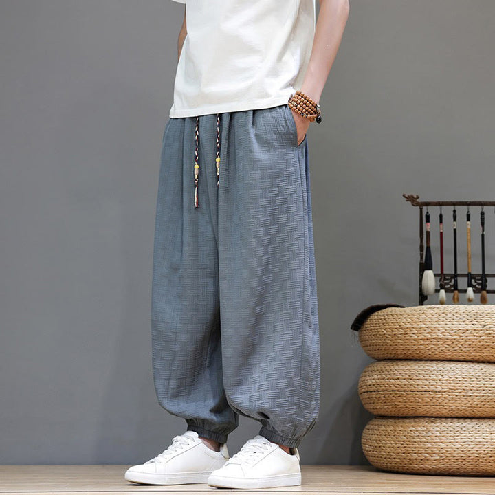Buddha Stones Pantalon harem d'été décontracté pour homme, à cordon de serrage, en tissu tissé à motif rotin, avec poches. - image 1