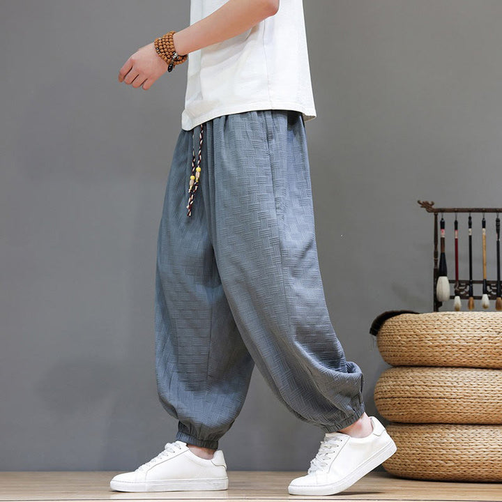 Buddha Stones Pantalon harem d'été décontracté pour homme, à cordon de serrage, en tissu tissé à motif rotin, avec poches. - image 2
