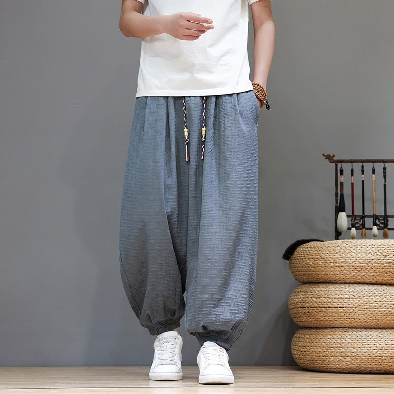 Buddha Stones Pantalon harem d'été décontracté pour homme, à cordon de serrage, en tissu tissé à motif rotin, avec poches. - image 5
