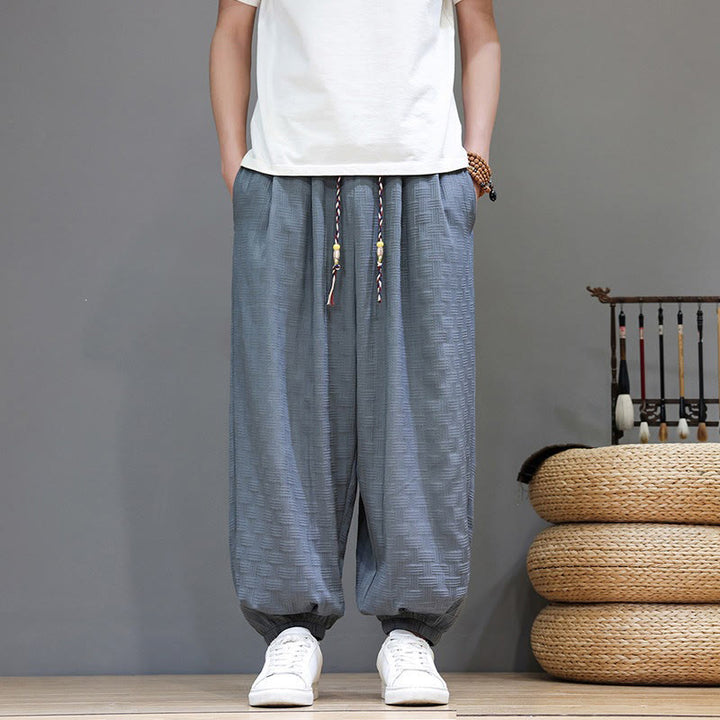 Buddha Stones Pantalon harem d'été décontracté pour homme, à cordon de serrage, en tissu tissé à motif rotin, avec poches. - image 7