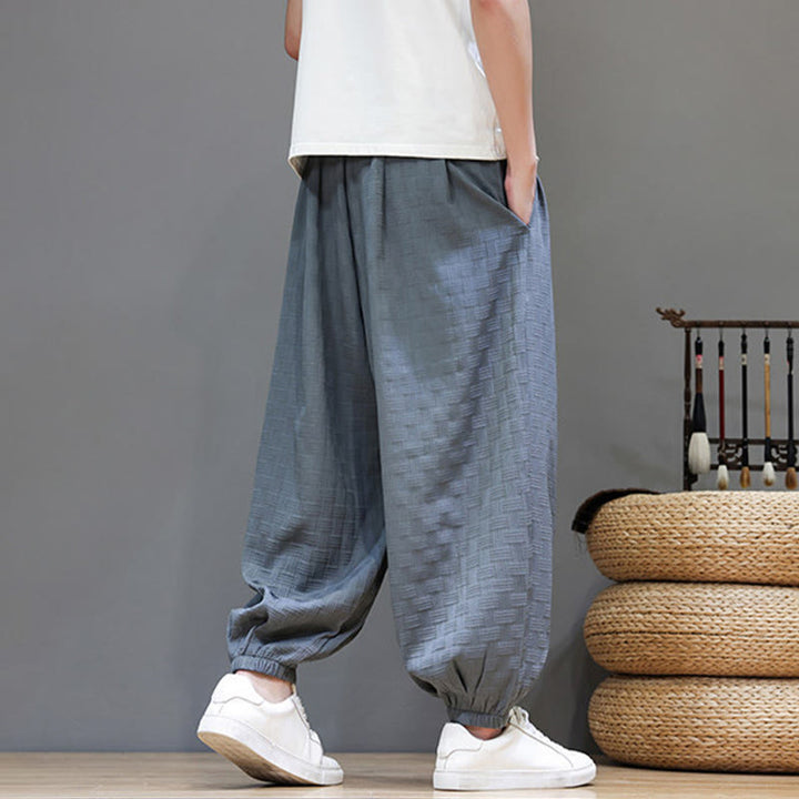 Buddha Stones Pantalon harem d'été décontracté pour homme, à cordon de serrage, en tissu tissé à motif rotin, avec poches. - image 4