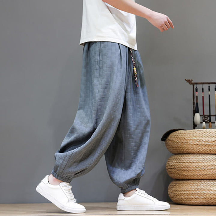 Buddha Stones Pantalon harem d'été décontracté pour homme, à cordon de serrage, en tissu tissé à motif rotin, avec poches. - image 3