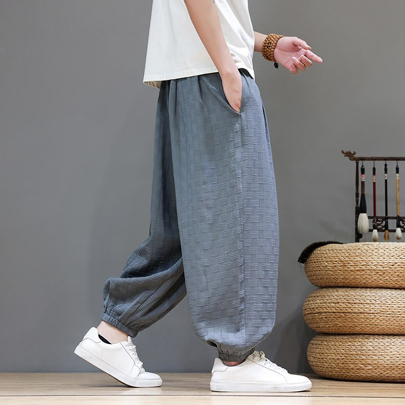 Buddha Stones Pantalon harem d'été décontracté pour homme, à cordon de serrage, en tissu tissé à motif rotin, avec poches. - image 6