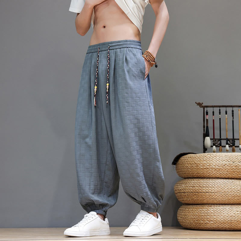 Buddha Stones Pantalon harem d'été décontracté pour homme, à cordon de serrage, en tissu tissé à motif rotin, avec poches. - image 8