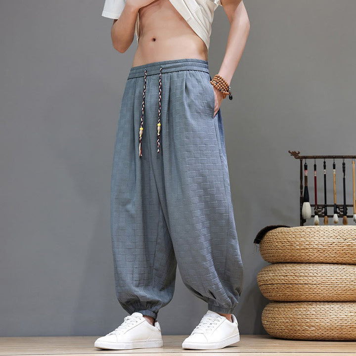 Buddha Stones Pantalon harem d'été décontracté pour homme, à cordon de serrage, en tissu tissé à motif rotin, avec poches. - image 8