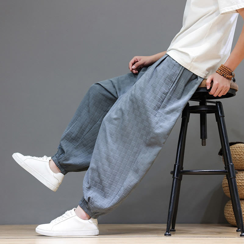Buddha Stones Pantalon harem d'été décontracté pour homme, à cordon de serrage, en tissu tissé à motif rotin, avec poches. - Gris ardoise clair - US/UK/AU46，EU56 (5XL) - image 0