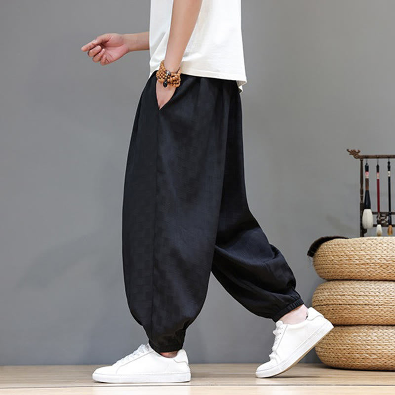 Buddha Stones Pantalon harem d'été décontracté pour homme, à cordon de serrage, en tissu tissé à motif rotin, avec poches. - image 10