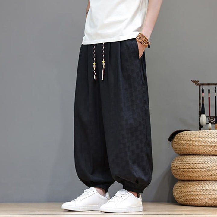 Buddha Stones Pantalon harem d'été décontracté pour homme, à cordon de serrage, en tissu tissé à motif rotin, avec poches. - image 11