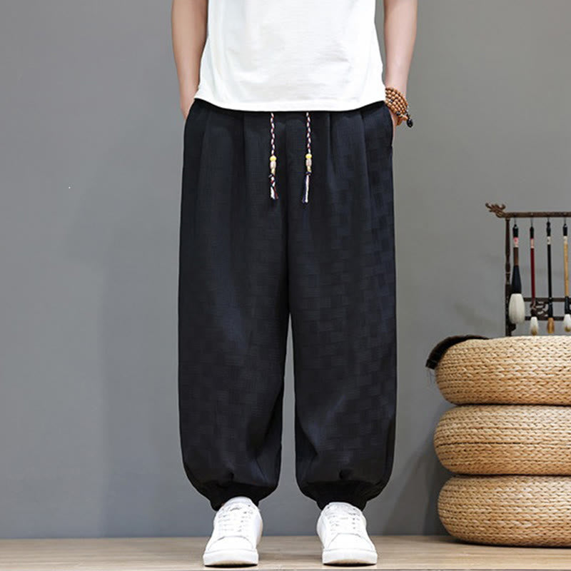 Buddha Stones Pantalon harem d'été décontracté pour homme, à cordon de serrage, en tissu tissé à motif rotin, avec poches. - Noir - US/UK/AU46，EU56 (5XL) - image 9