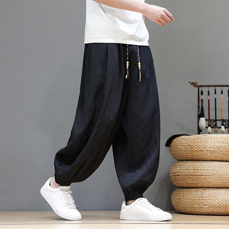 Buddha Stones Pantalon harem d'été décontracté pour homme, à cordon de serrage, en tissu tissé à motif rotin, avec poches. - image 14