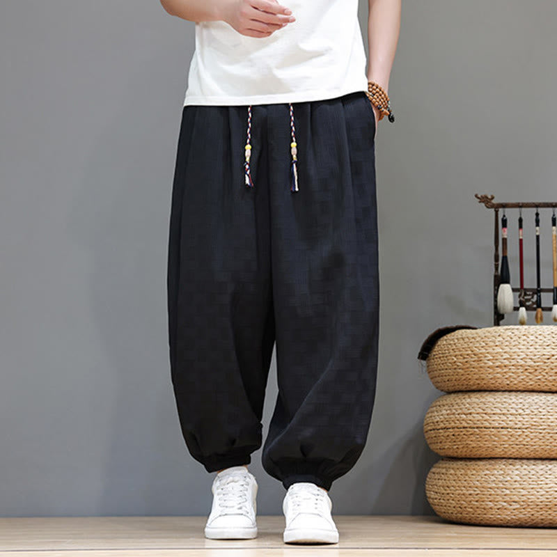Buddha Stones Pantalon harem d'été décontracté pour homme, à cordon de serrage, en tissu tissé à motif rotin, avec poches. - image 12